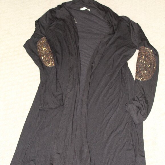 Mon Ami Women's Sz M Long Black Cardigan with Sequin Elbow Patches - Picture 1 of 5